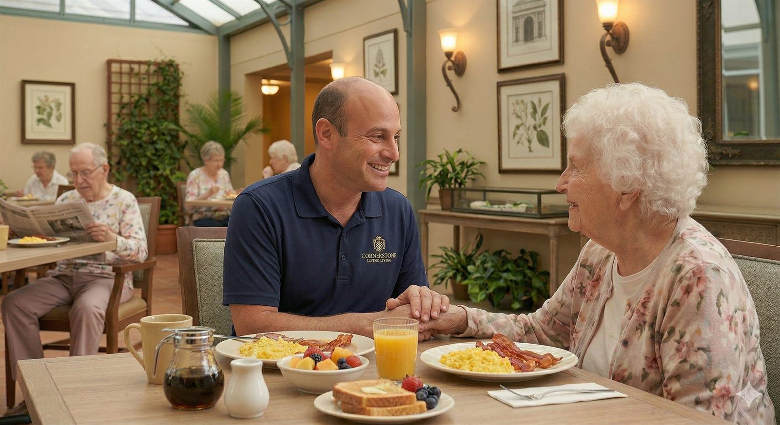 Residents enjoying a homestyle meal together